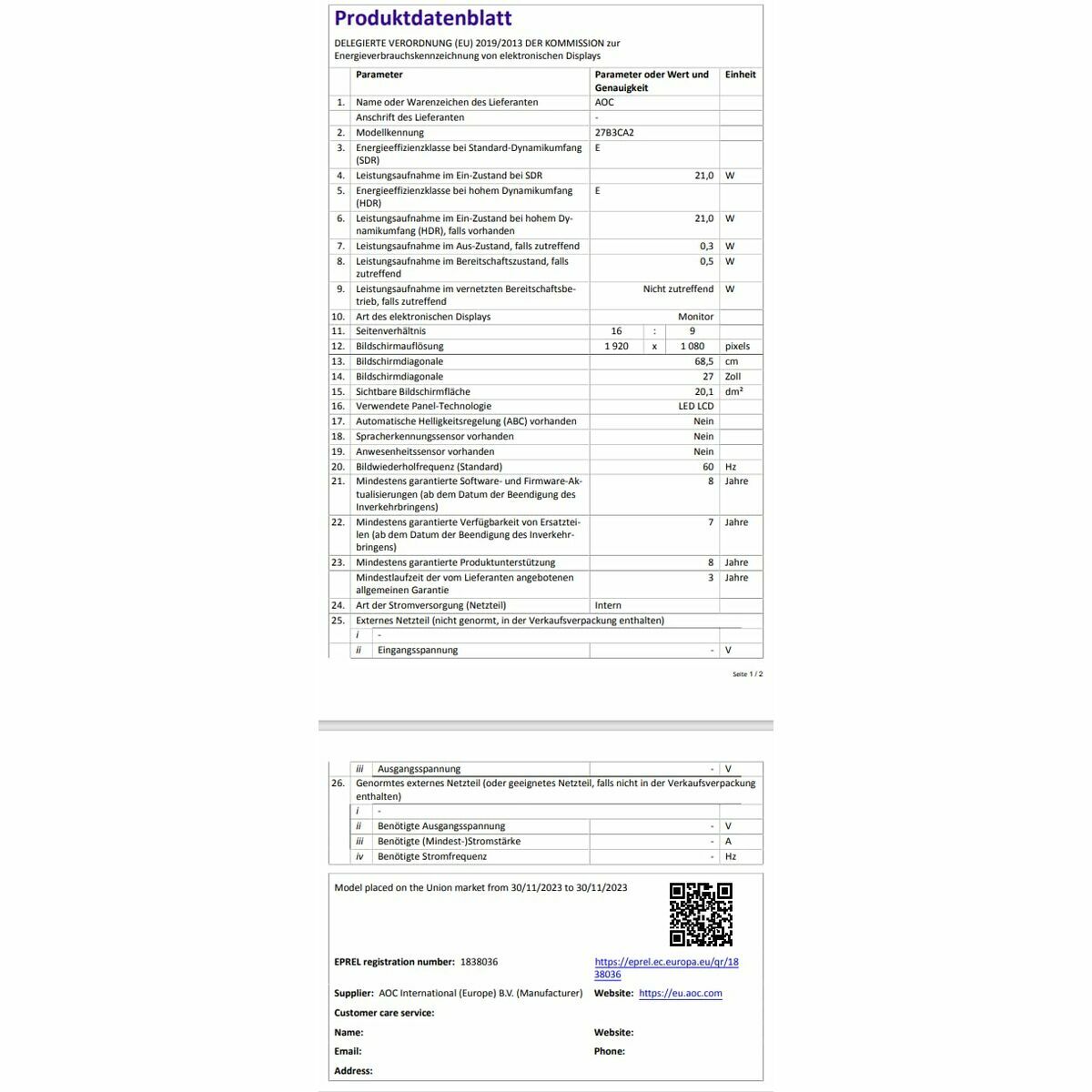 Monitor Gaming AOC 27B3CA2 27" Full HD