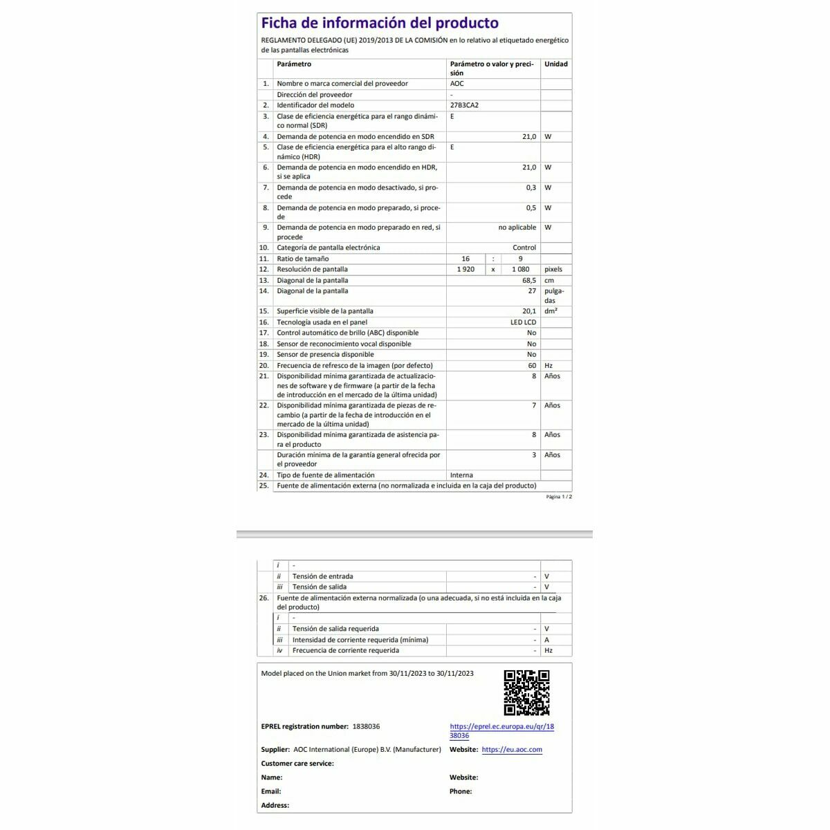 Monitor Gaming AOC 27B3CA2 27" Full HD