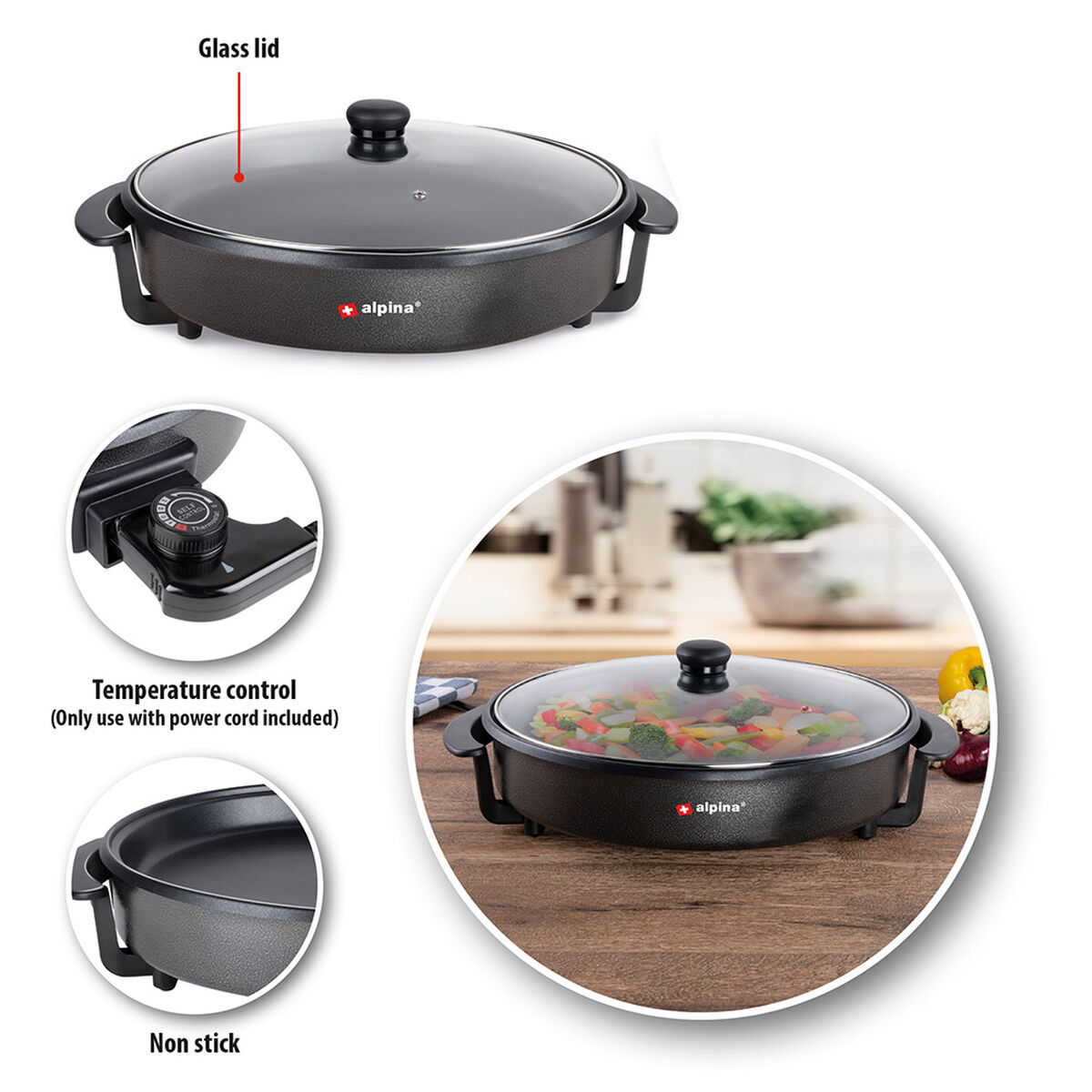 Cazuela Eléctrica Multiusos Alpina Ø 40 cm Vidrio