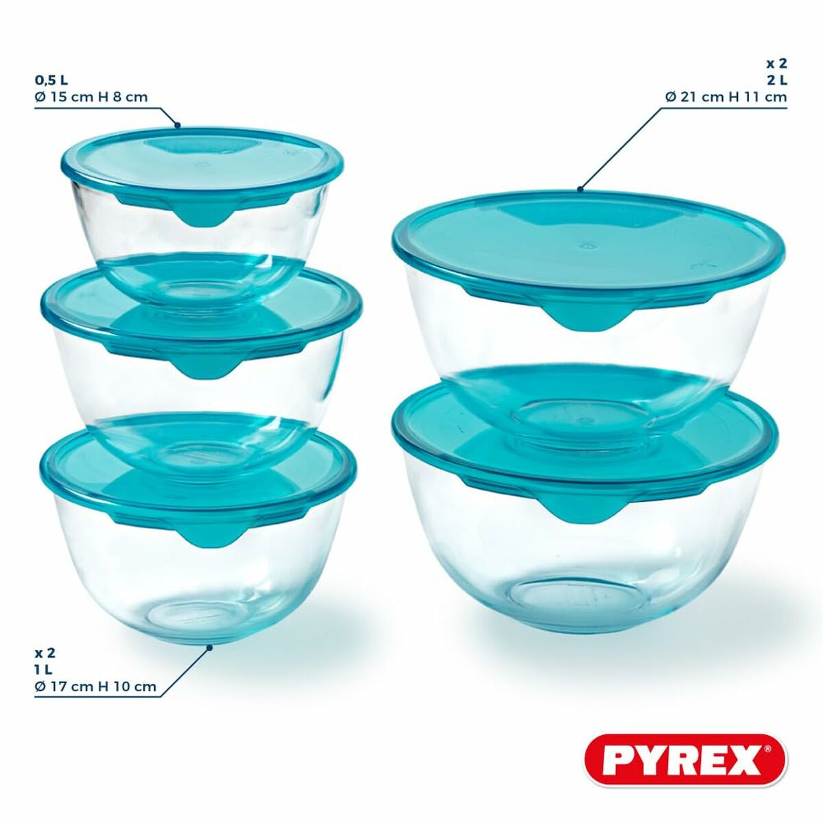 Set de Fiambreras Pyrex Transparente Turquesa 5 Piezas