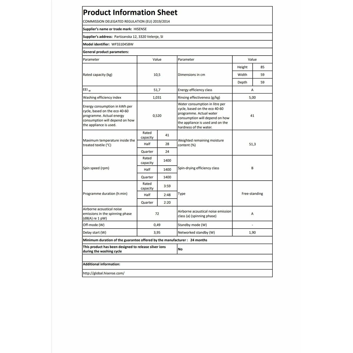 Lavadora Hisense WF5S1045BW 59,5 cm 1400 rpm 10,5 kg