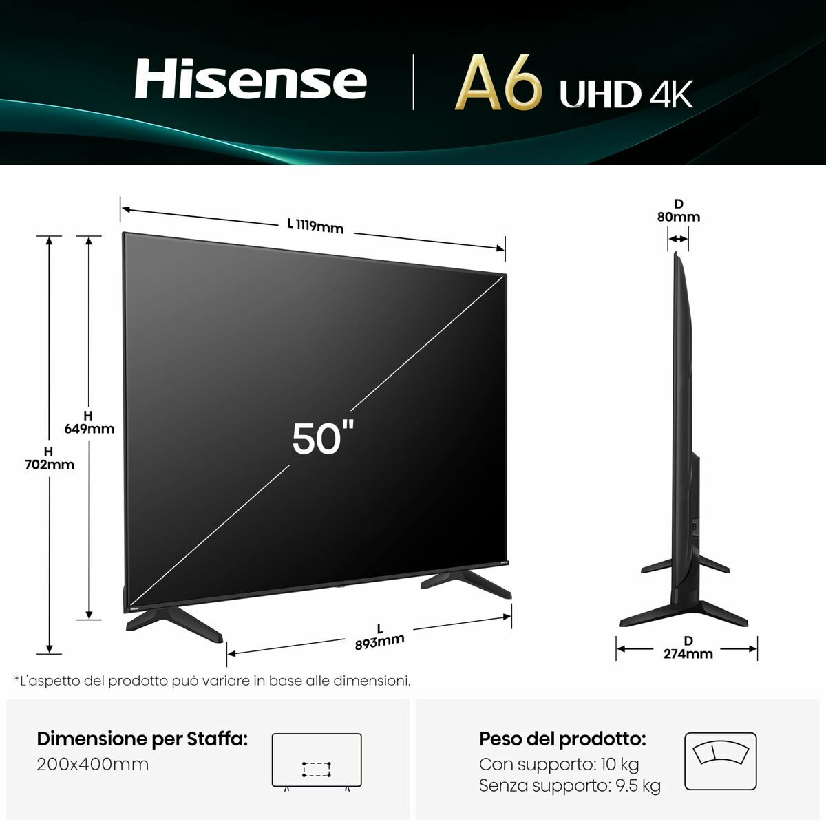 Smart TV Hisense 50A6Q        50 50" 4K Ultra HD LED HDR D-LED