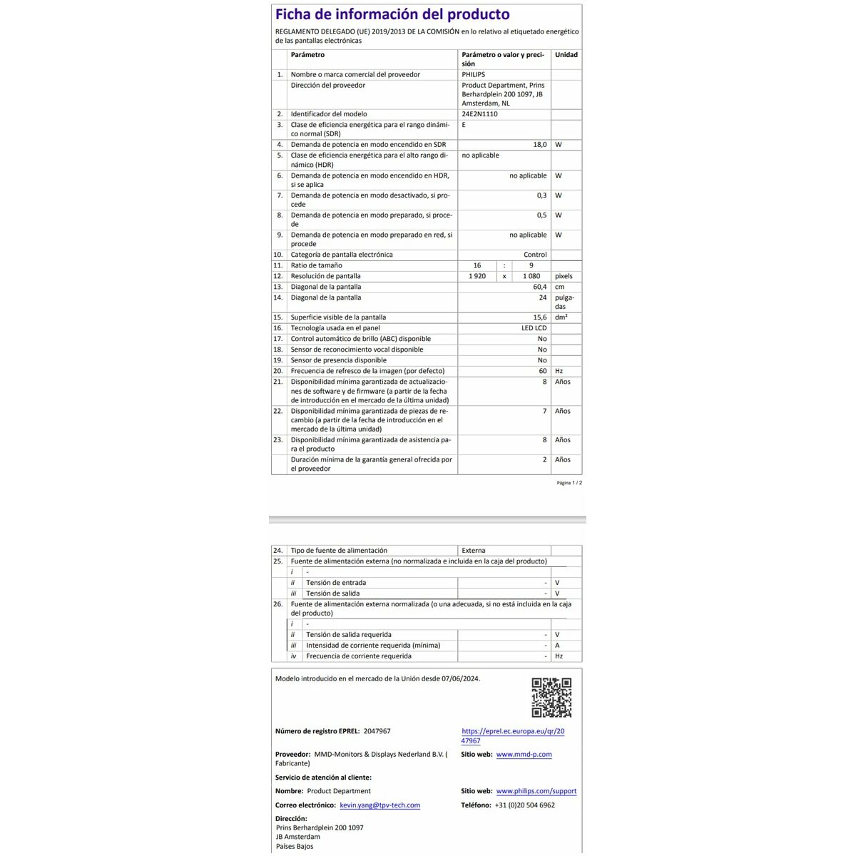 Monitor Gaming Philips 27E1N1200A/00 27" Full HD