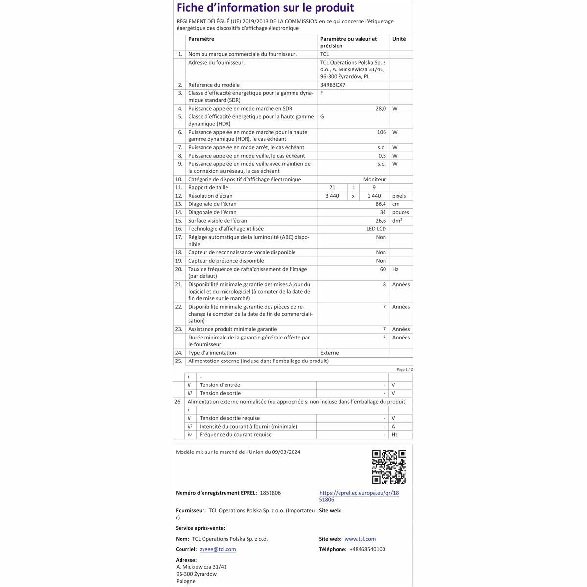 Monitor TCL 34R83Q LCD 37"