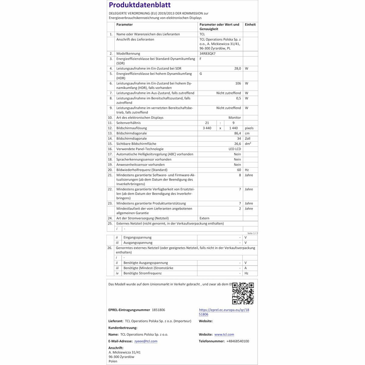 Monitor TCL 34R83Q LCD 37"