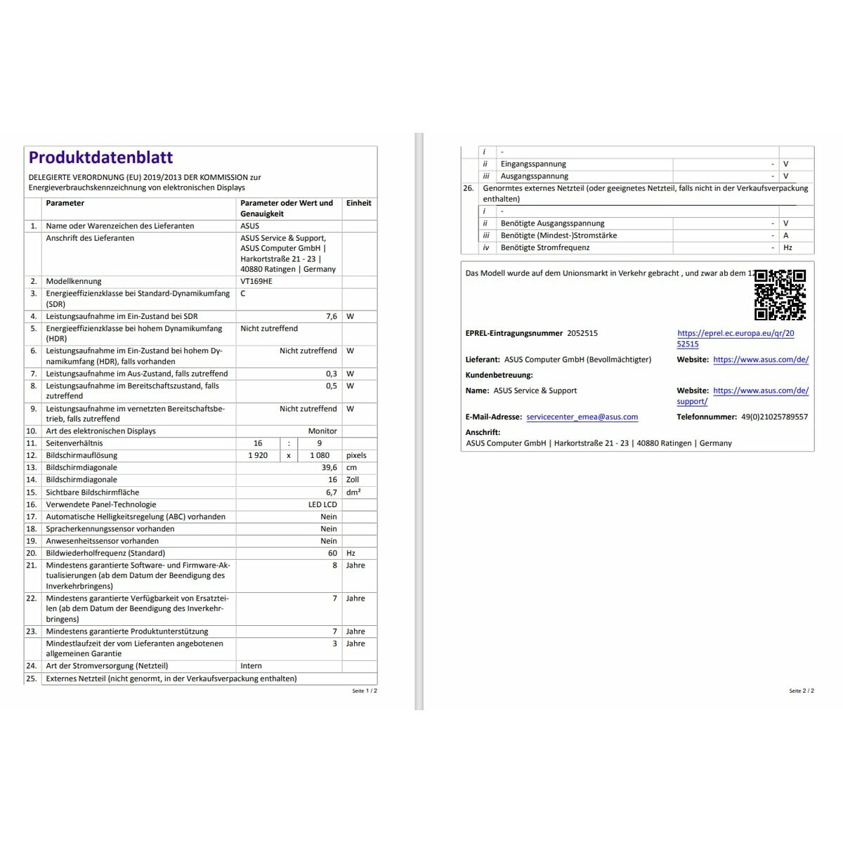 Monitor Asus 90LM09V1-B01170 Full HD 15,6" 16"