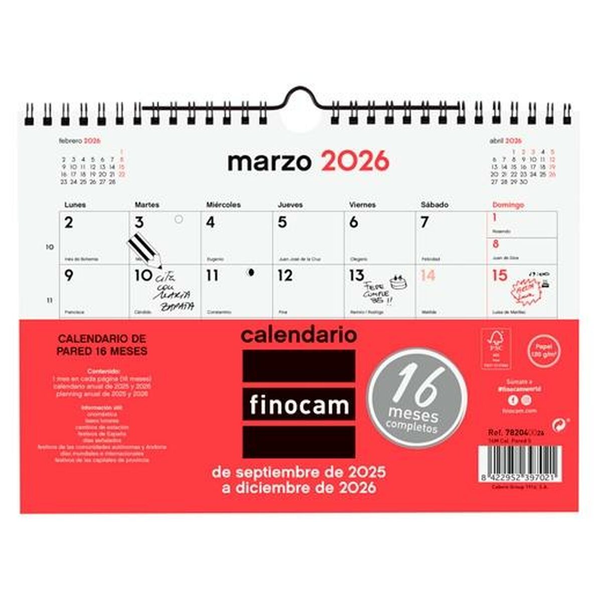 Calendario de pared Finocam Papel 2025-2026 21 x 15 cm
