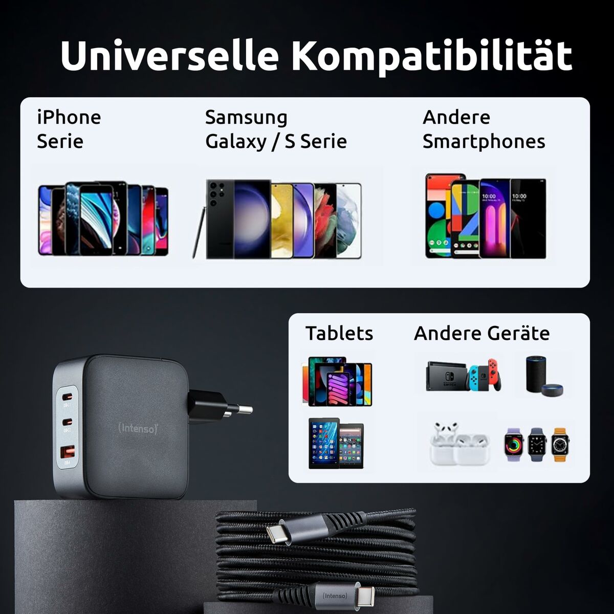 Cargador de Pared INTENSO GaN W100ACC Negro 100 W