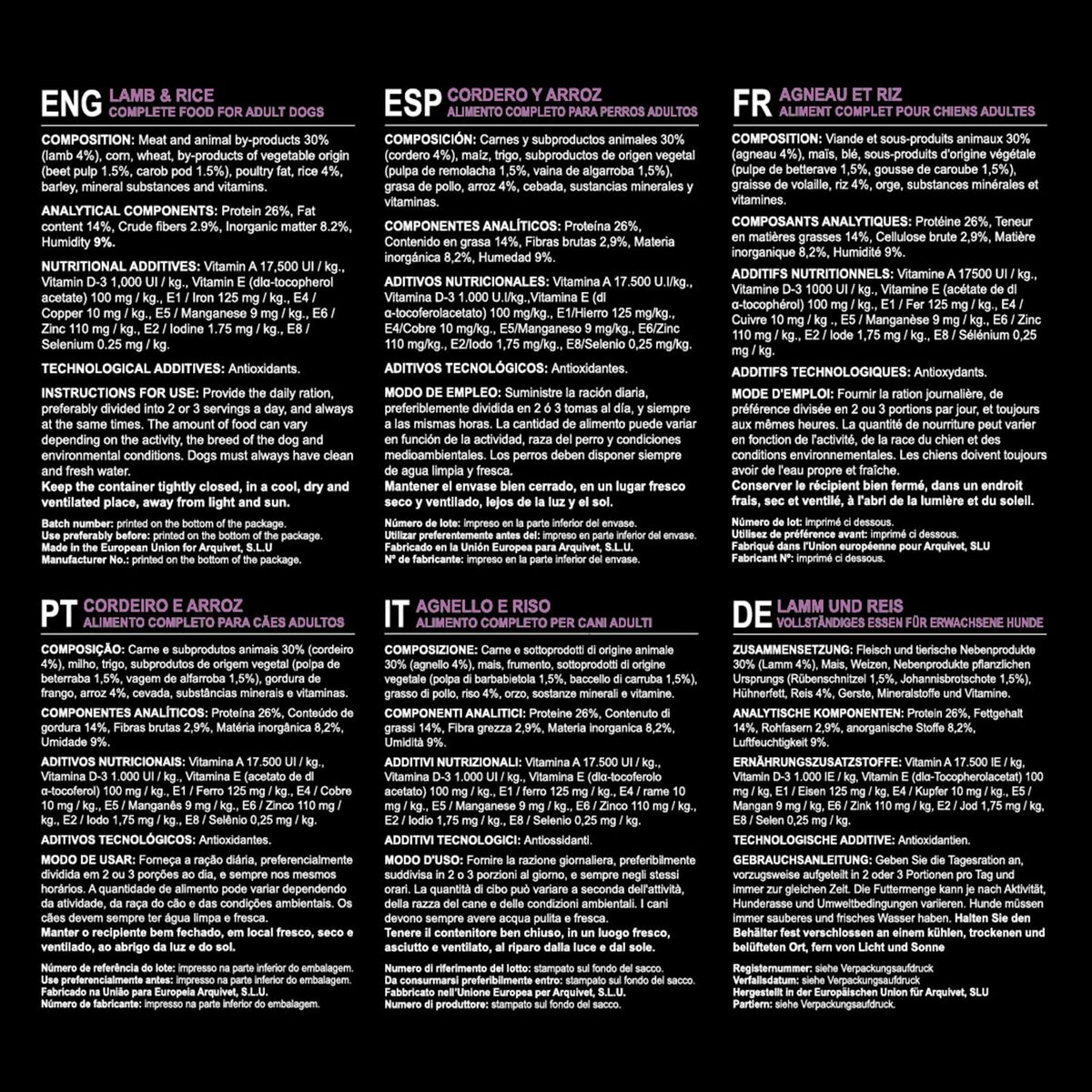 Pienso Arquivet Original Adult Lamb with rice Adulto Cordero Arroz 12 kg 12,7 KG