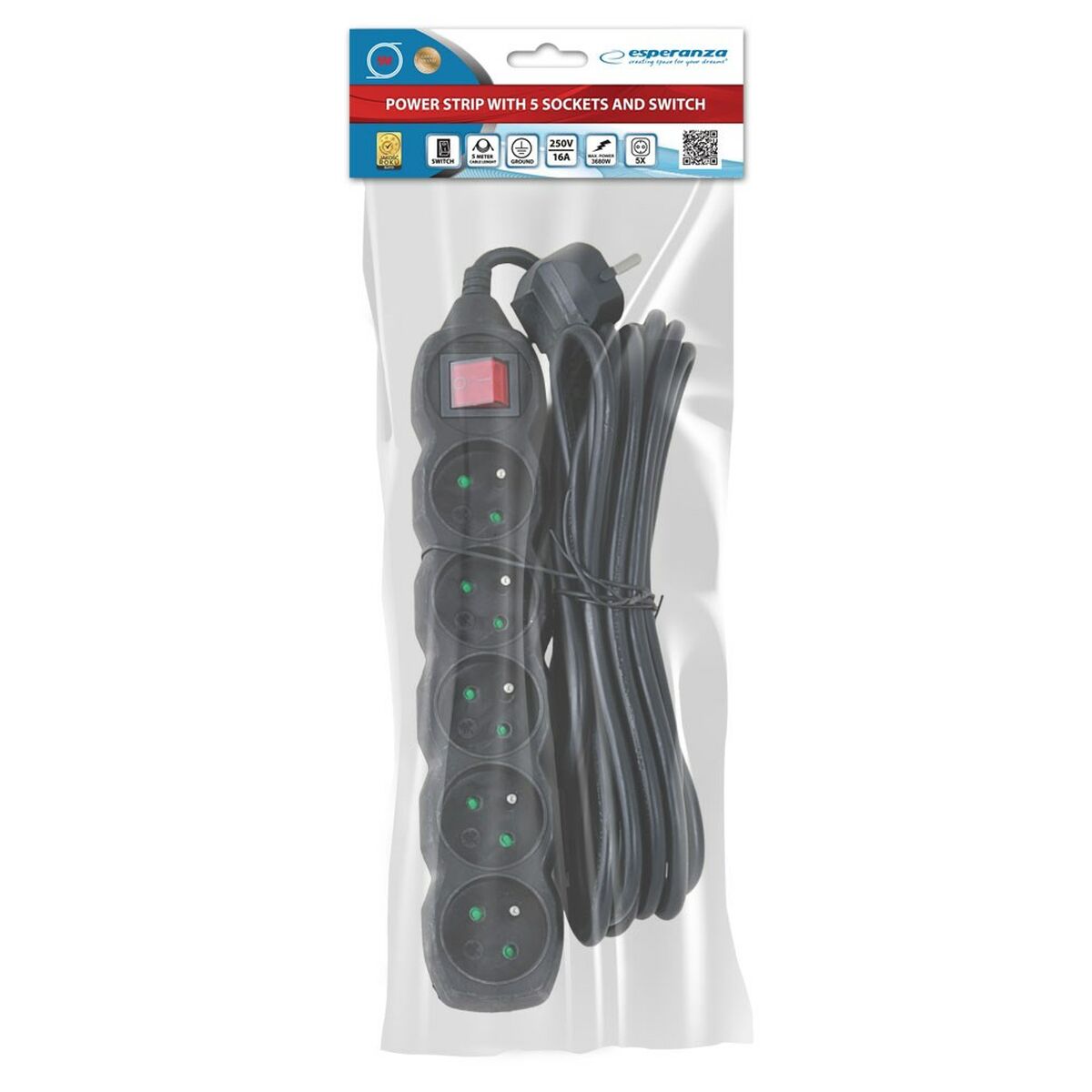 Regleta Enchufes 5 Tomas con Interruptor Esperanza ELK216K 3680 W (5 m)