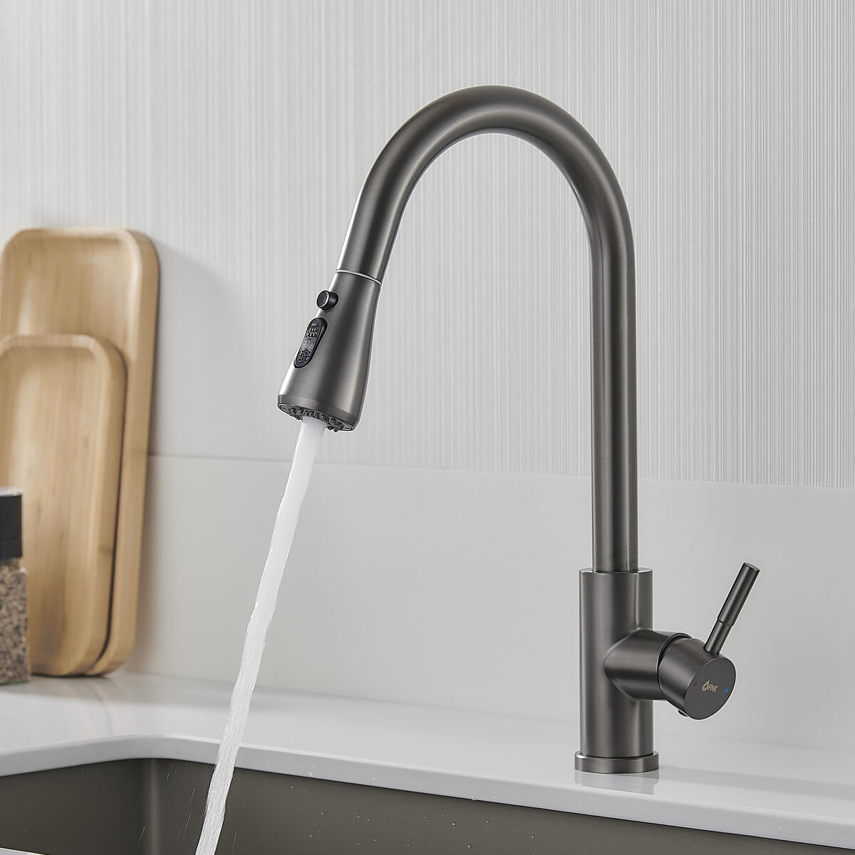 Grifo Monomando Fontastock Gris Acero Inoxidable Cerámico Forma de C