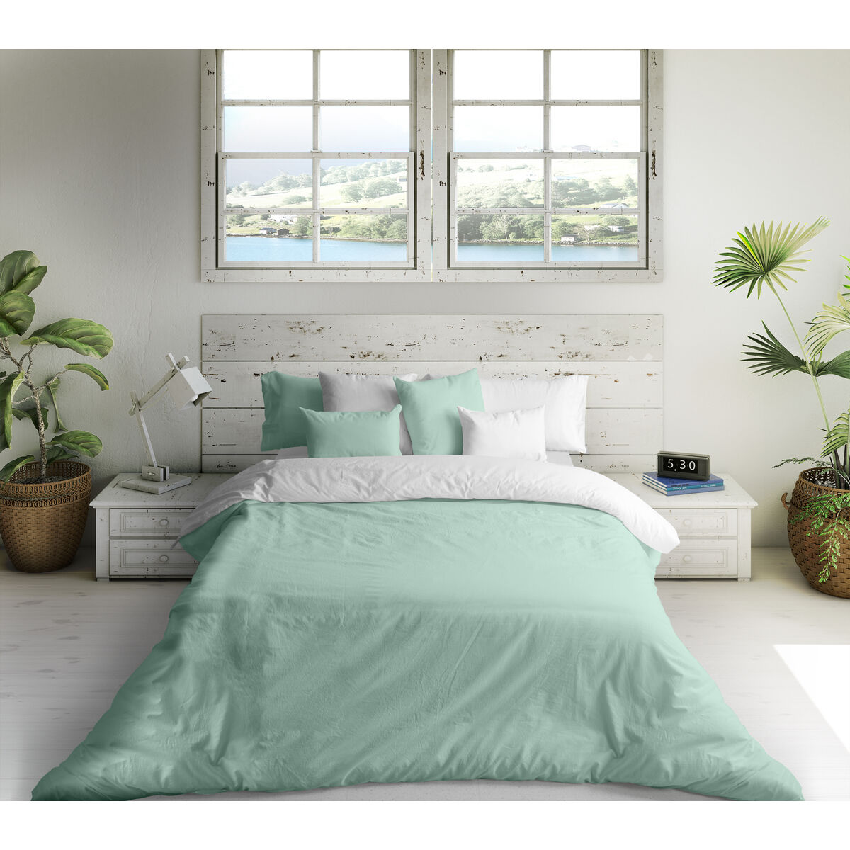 Funda Nórdica Naturals FUNDA NORDICA BICOLOR REVERSIBLE Blanco Verde 200 x 200 cm Reversible