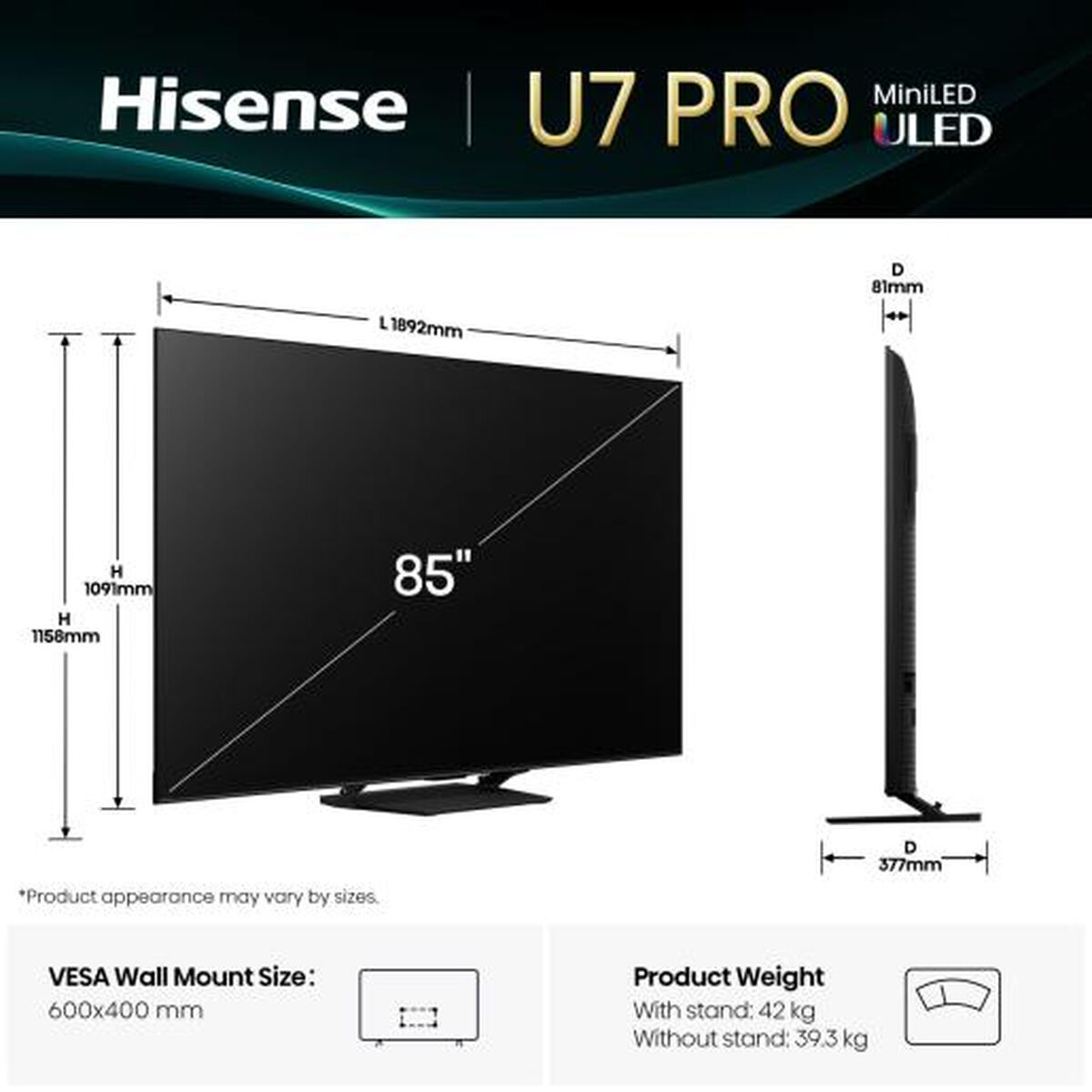 Smart TV Hisense 85U7Q PRO 85" 4K Ultra HD LED HDR