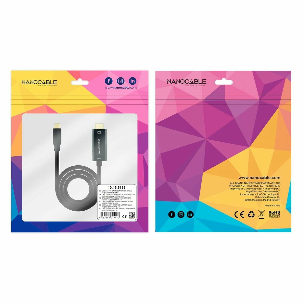 Cable USB-C a HDMI NANOCABLE 10.15.5135 Negro 5 m