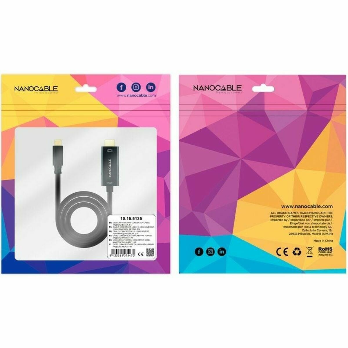 Cable USB-C a HDMI NANOCABLE 10.15.5135 Negro 5 m