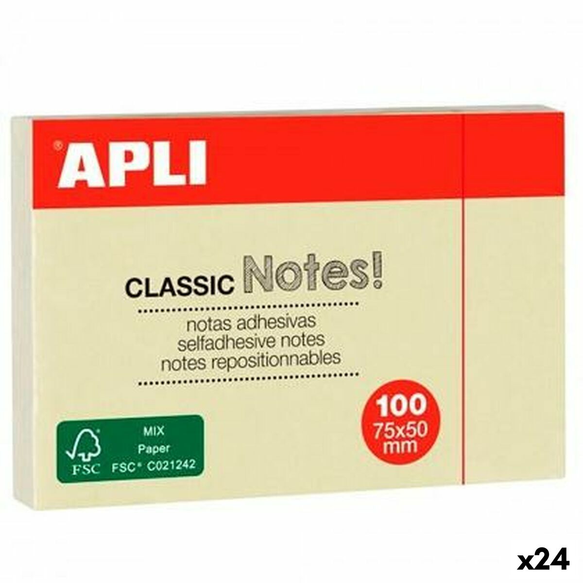 Notas Adhesivas Apli CLASSIC Amarillo 75 x 50 mm 12 Piezas (24 Unidades)