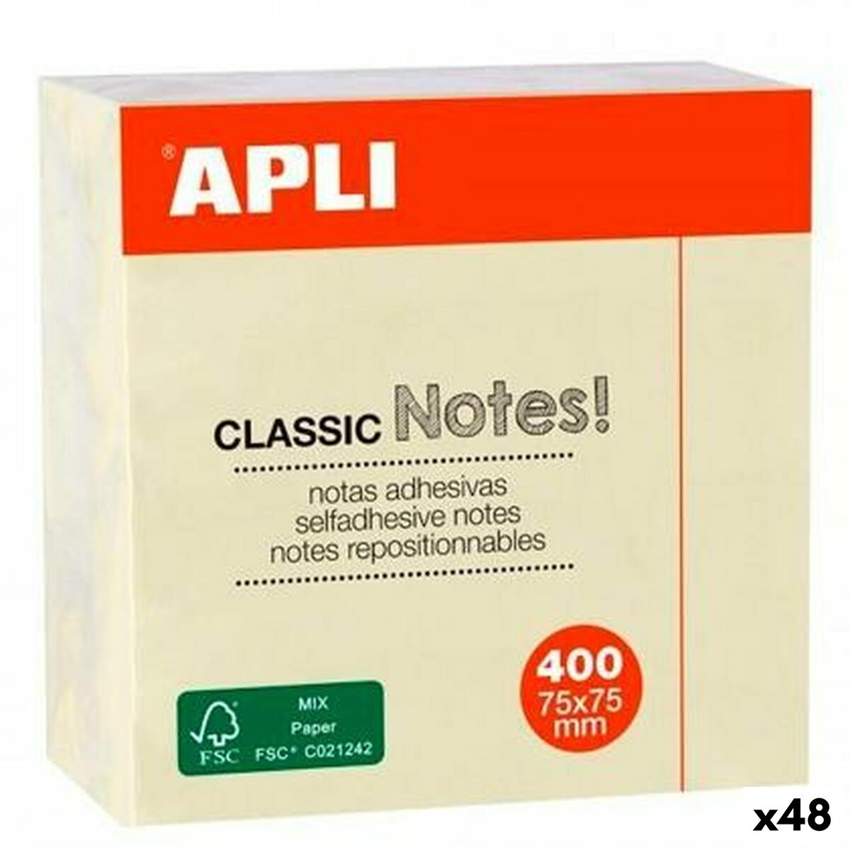 Notas Adhesivas Apli CLASSIC Amarillo 75 x 75 mm (48 Unidades)