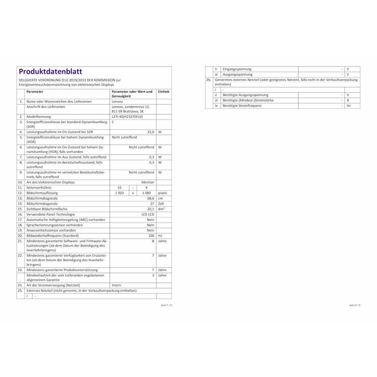 Monitor Gaming Lenovo L27i-40 27" Full HD