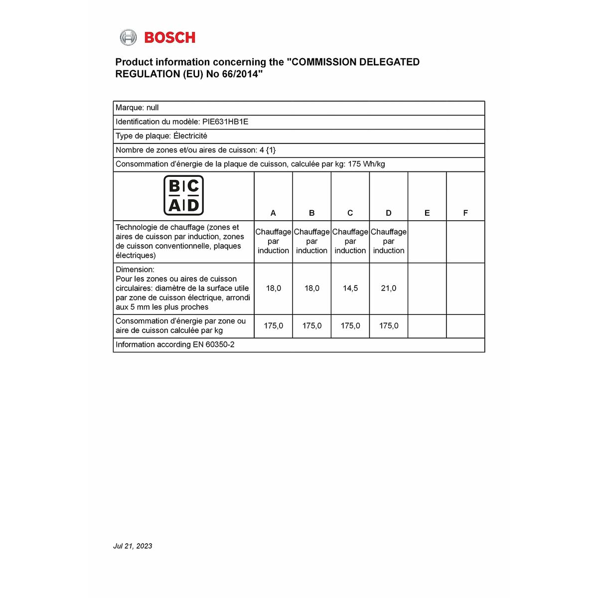 Placa de Inducción BOSCH PIE631HB1E 60 cm 2000 W