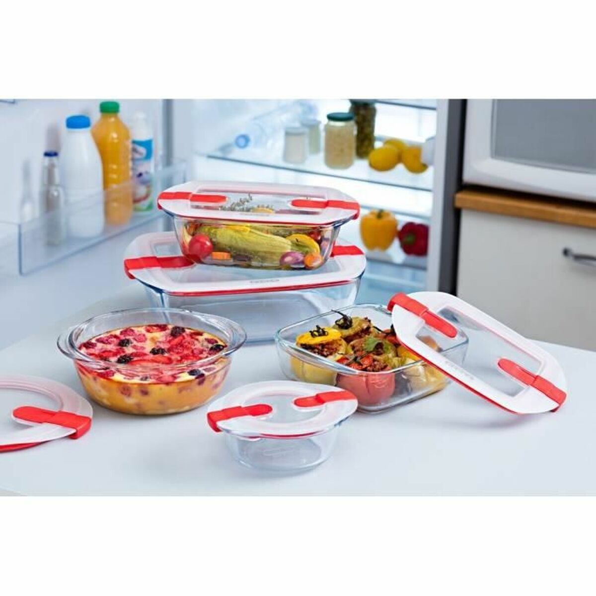 Set de Recipientes de Cocina Herméticos Apilables Pyrex Cook & Heat Rojo Rectangular 5 Piezas