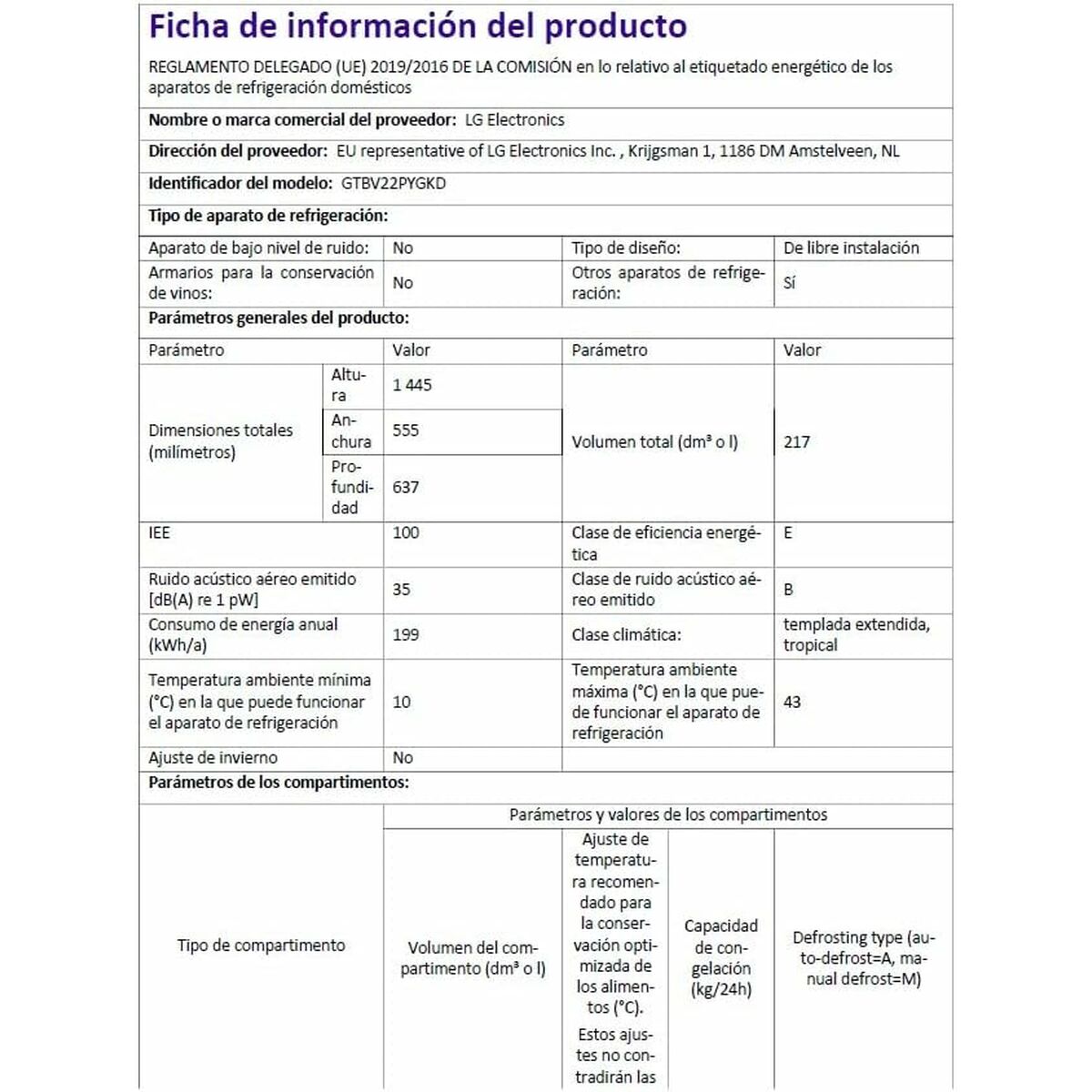 Frigorífico combinado LG GTBV22PYGKD 145 Acero