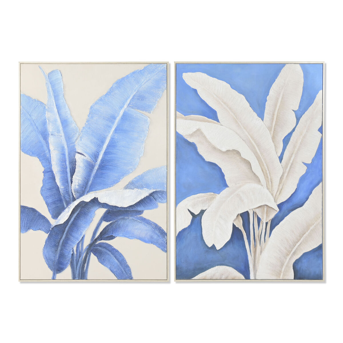 Lienzo Home ESPRIT Azul Blanco Hojas Tropical 82,5 x 4,5 x 122,5 cm (2 Unidades)