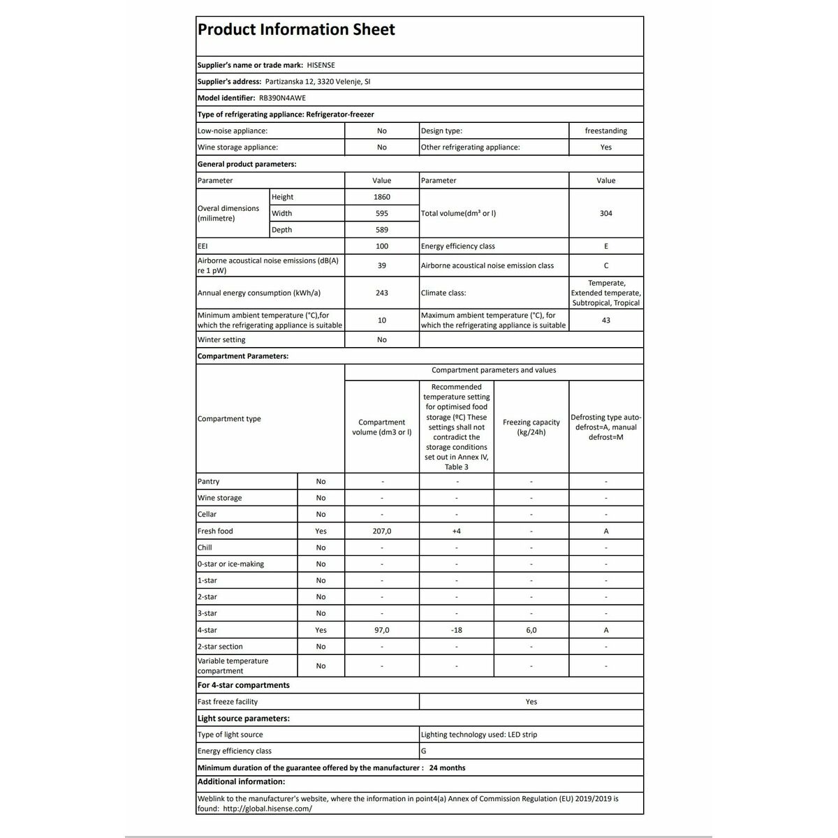 Frigorífico combinado Hisense RB390N4AWE  186 Blanco 304 L