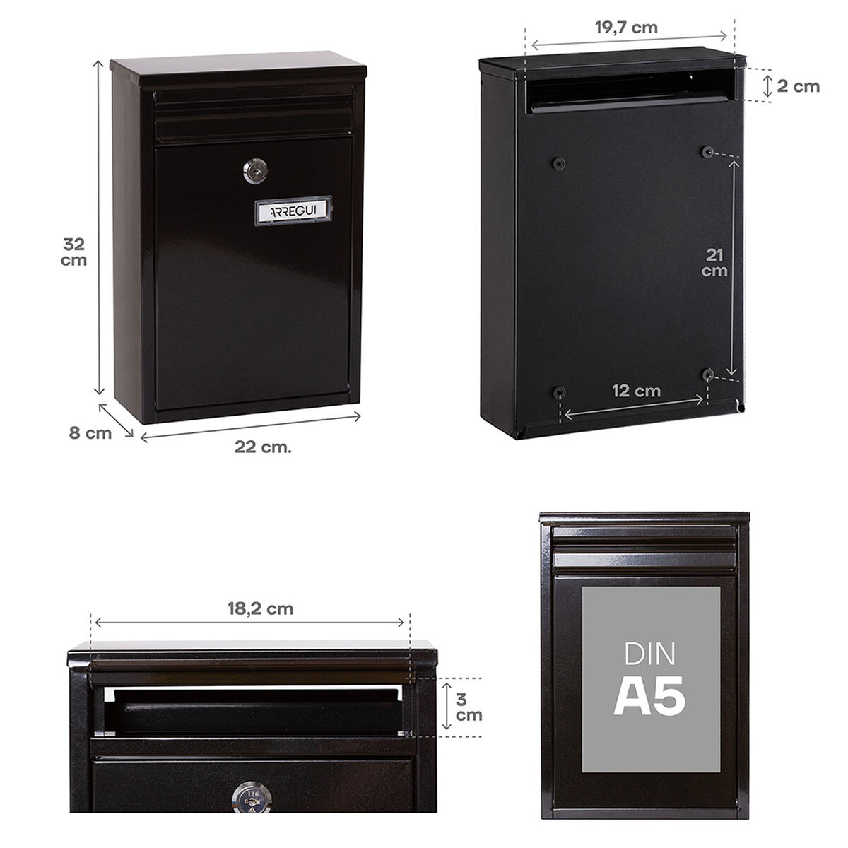 Buzón Arregui Negro Acero 22 X 8 X 32 cm