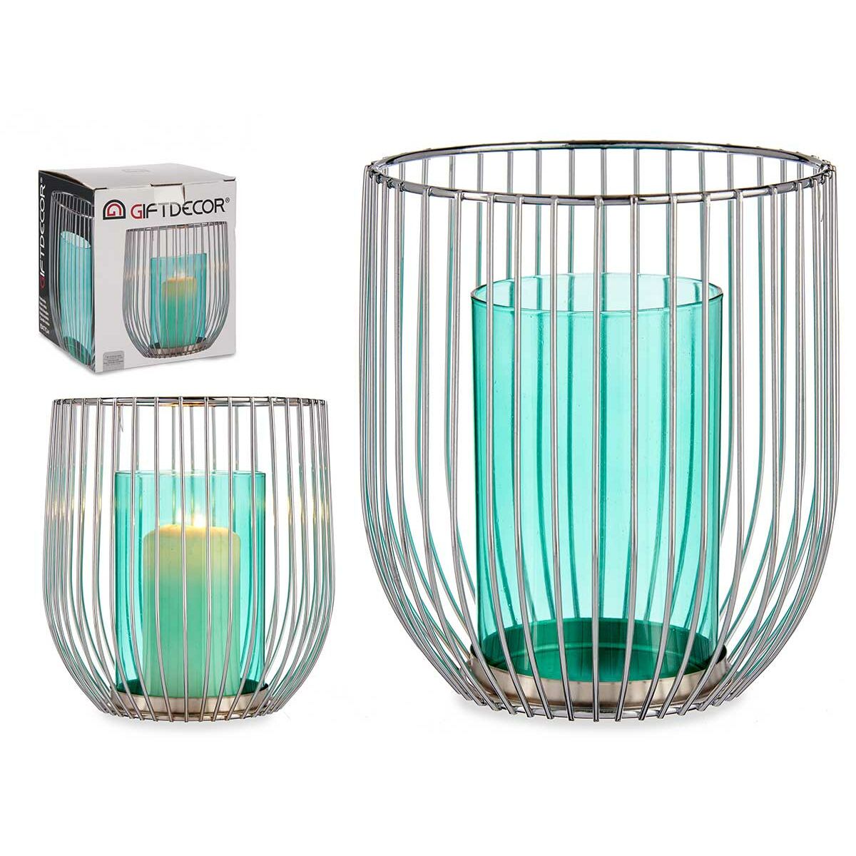Portavelas Gift Decor Azul Plateado Metal Vidrio 15 x 17 x 15 cm (8 Unidades)