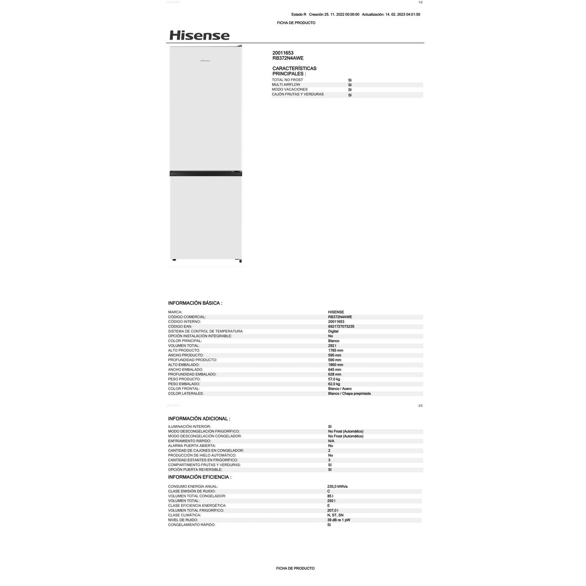 Frigorífico combinado Hisense RB372N4AWE  179 Blanco
