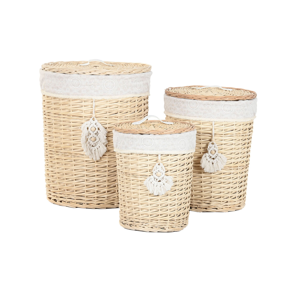 Cesto para la Ropa Sucia Home ESPRIT Natural Mimbre Boho 45 x 45 x 55 cm 3 Piezas