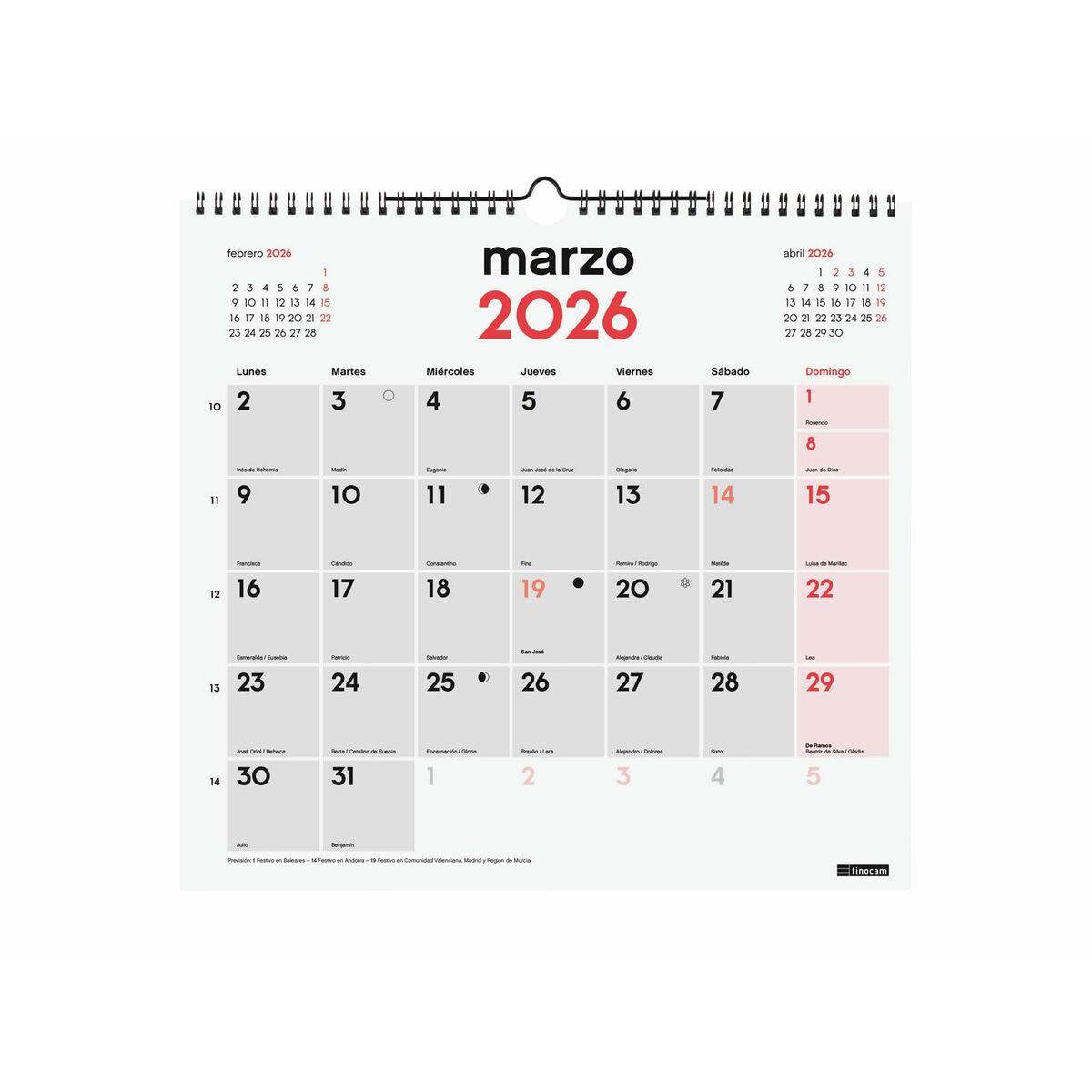 Calendario de pared Finocam Papel 34 x 32 cm