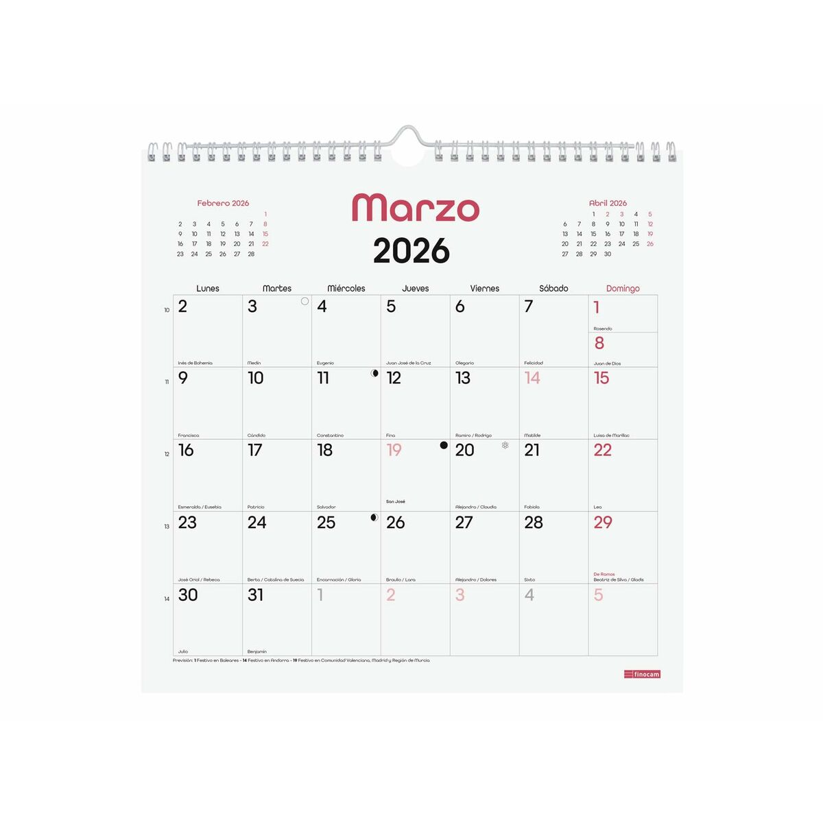 Calendario de pared Finocam Multicolor Papel 30 x 30 cm