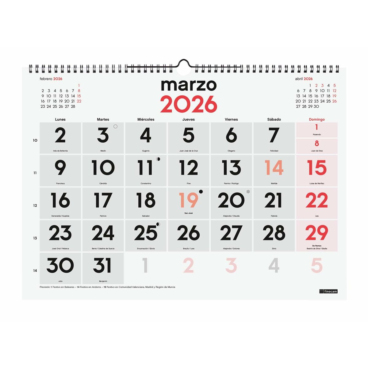 Calendario de pared Finocam Papel 43 x 31 cm