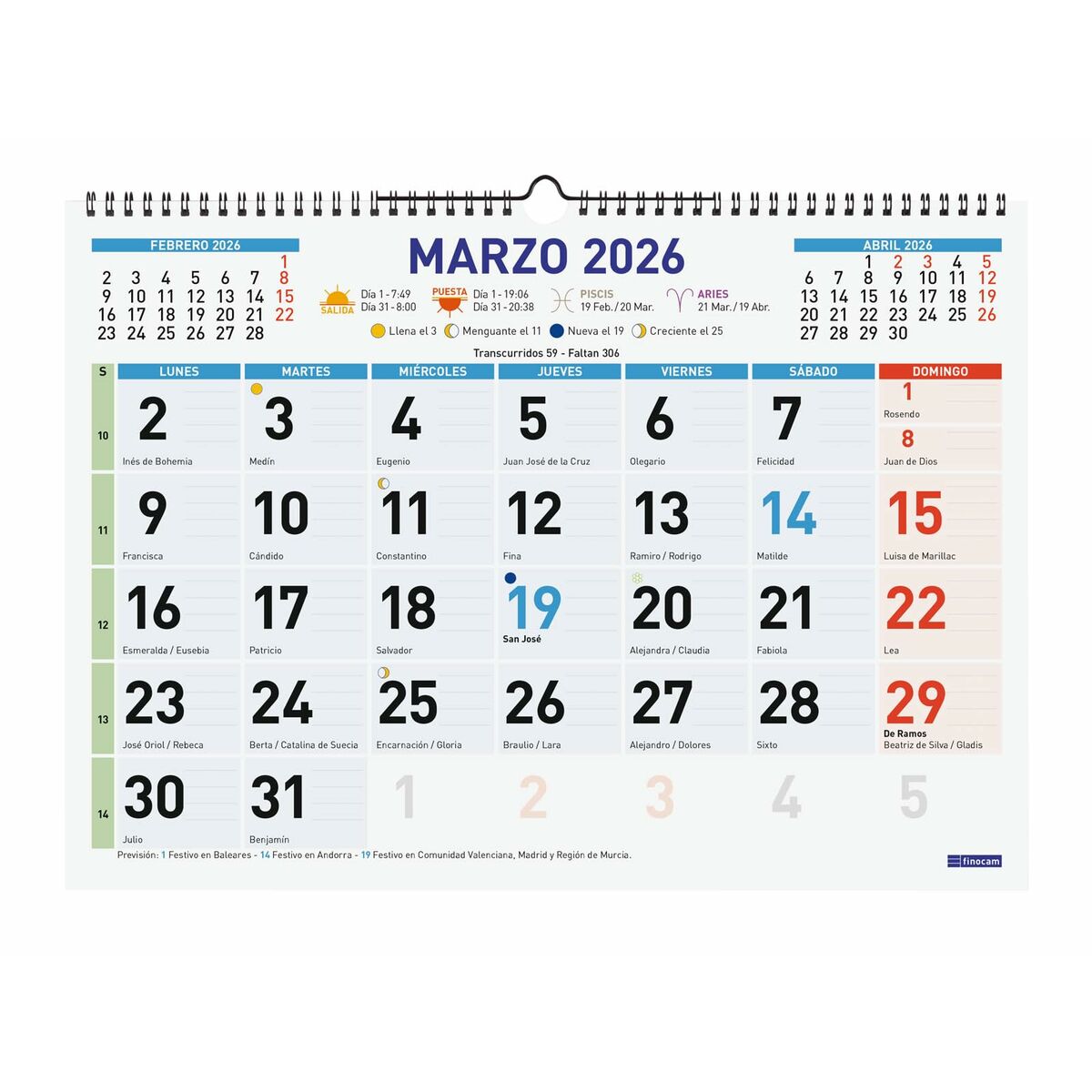 Calendario de pared Finocam Multicolor Papel 43 x 31 cm