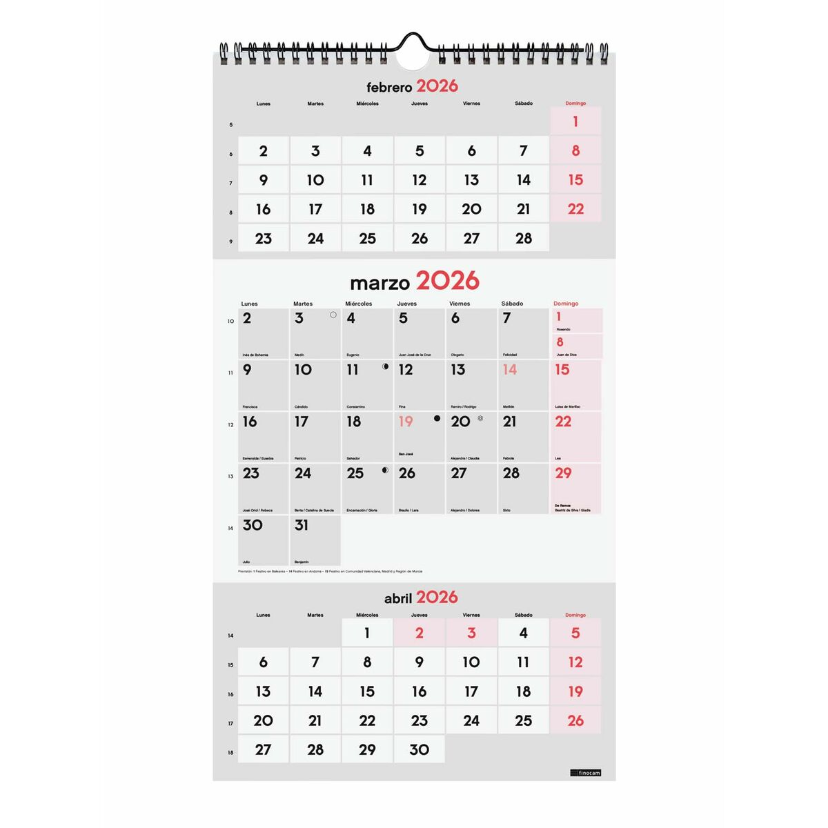 Calendario de pared Finocam Papel 23,6 x 43 cm