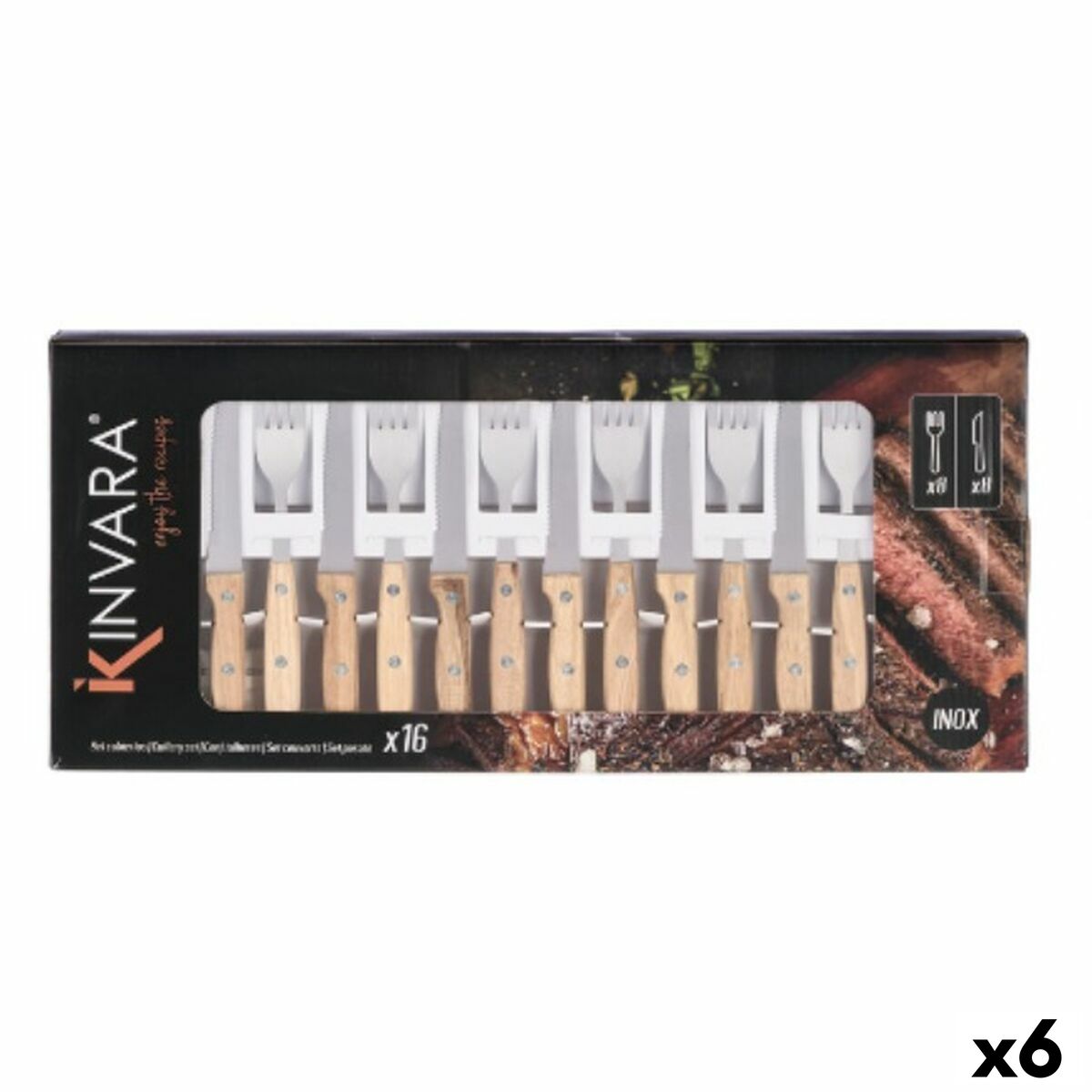 Cubertería Kinvara Marrón Plateado Madera Metal 16 Piezas (6 Unidades)