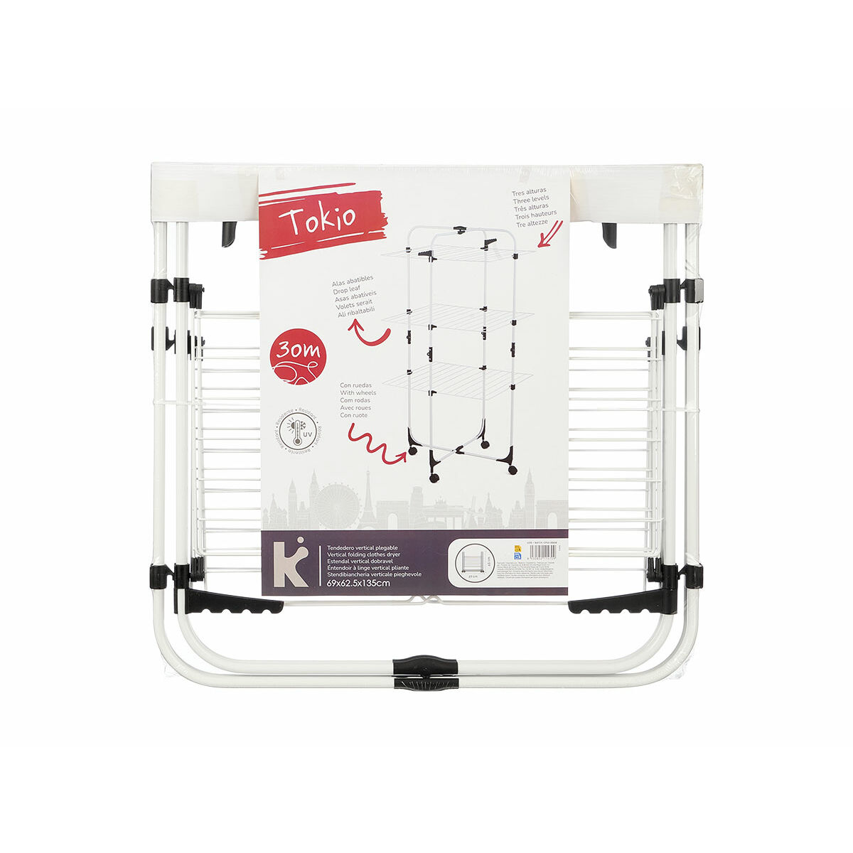 Tendedero Plegable Vertical con Ruedas Blanco Negro Metal 69 x 135 x 62,5 cm (4 Unidades)
