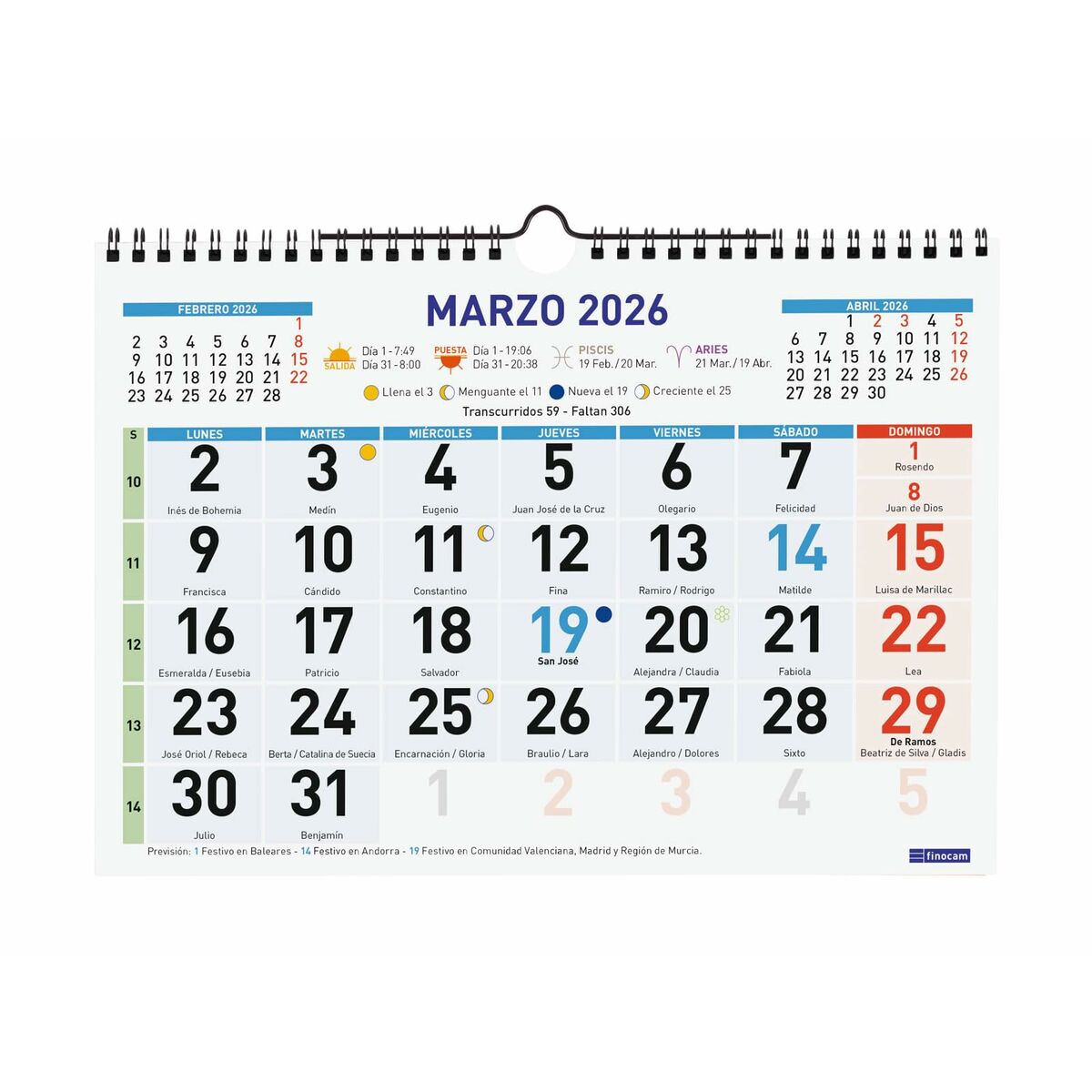 Calendario de pared Finocam Multicolor Papel 2026 30 x 21 cm