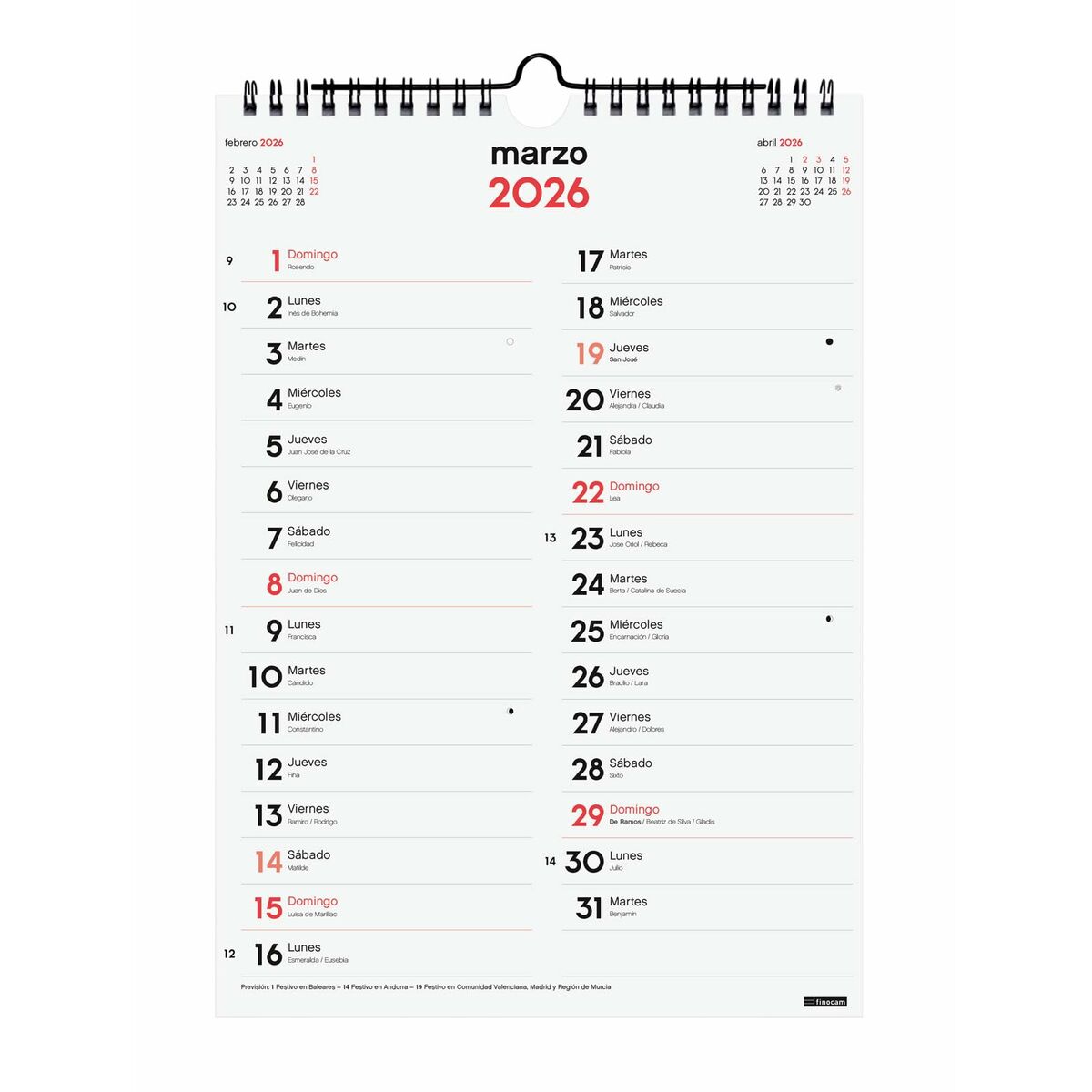 Calendario de pared Finocam A4 Papel 2026 21 x 30 cm