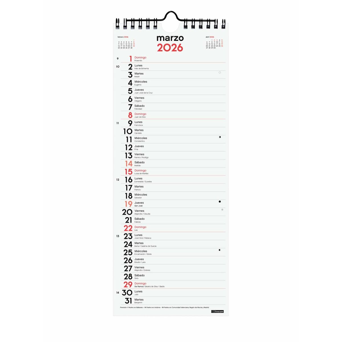 Calendario de pared Finocam Papel 2026 13 x 33 cm