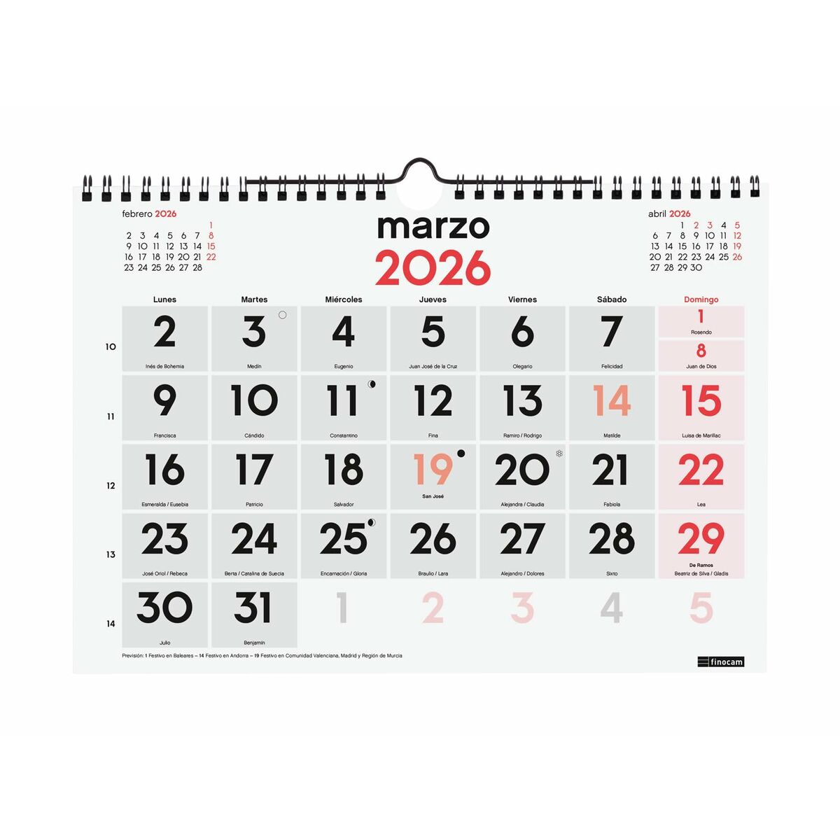Calendario de pared Finocam A4 Papel 2026 30 x 21 cm