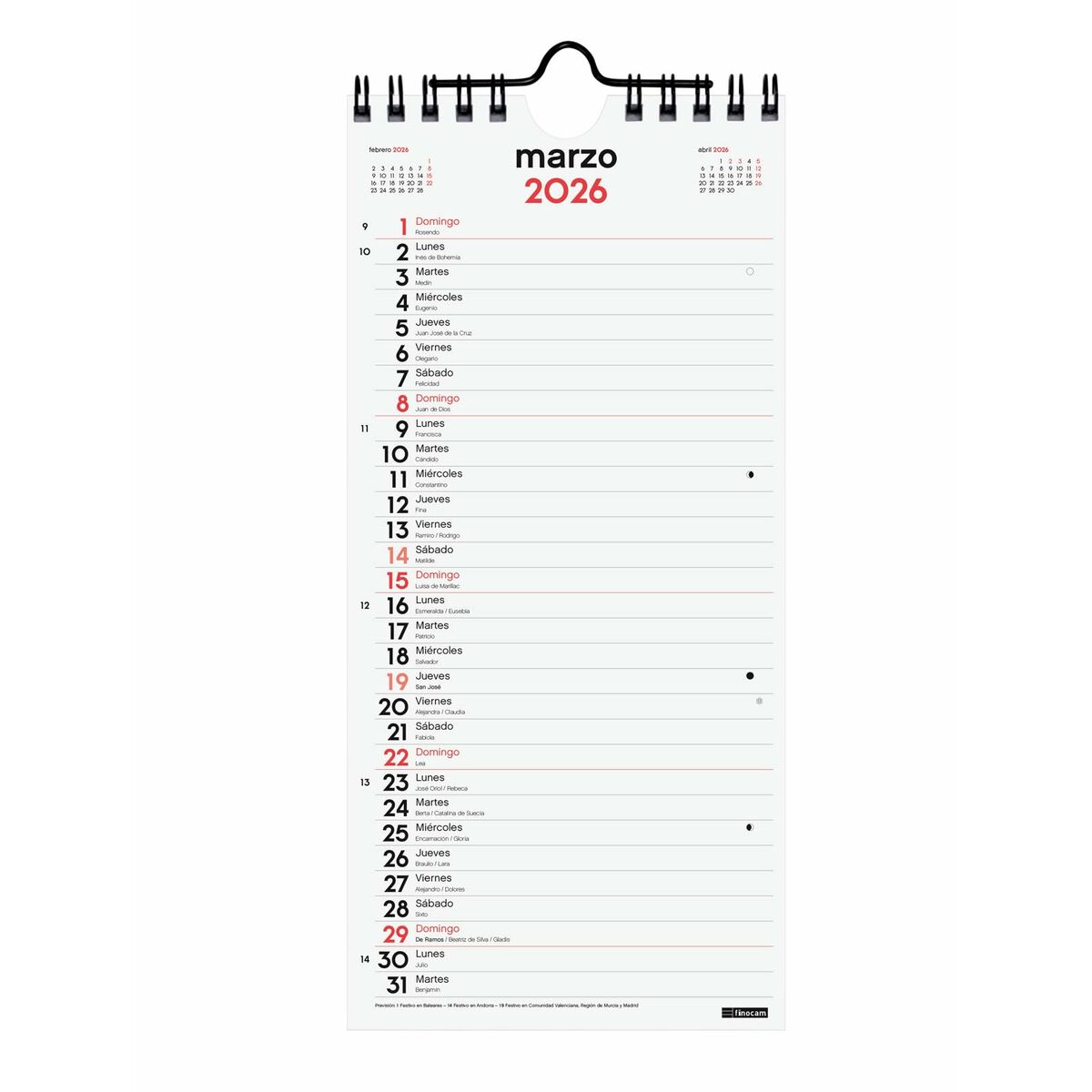 Calendario de pared Finocam Papel 2026 11 x 23,5 cm