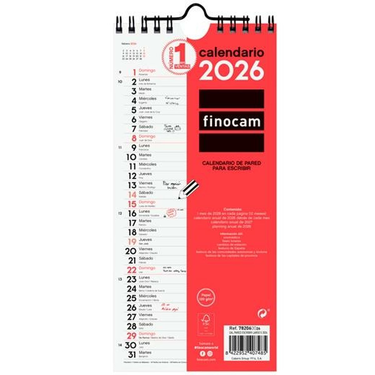 Calendario de pared Finocam Papel 2026 11 x 23,5 cm