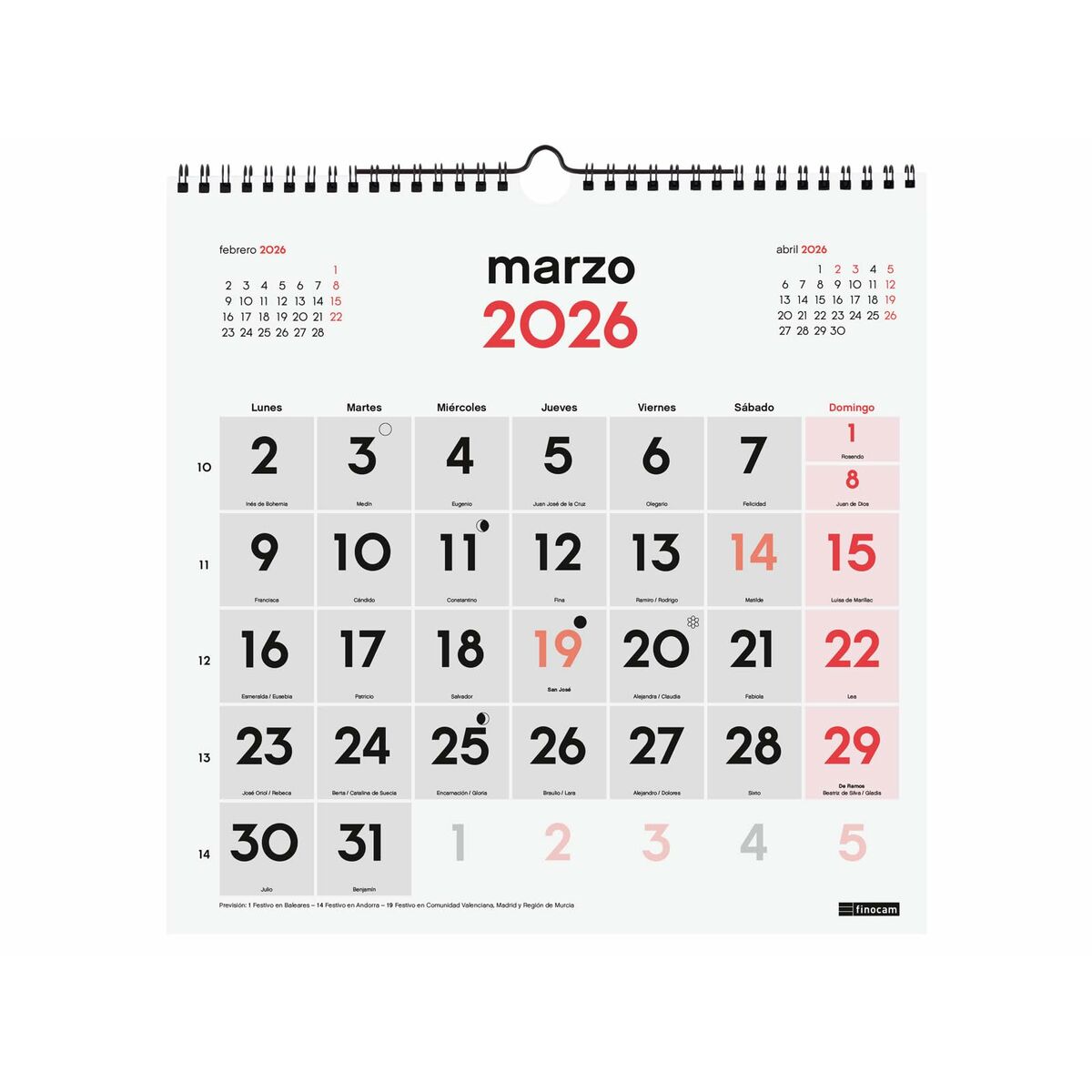 Calendario de pared Finocam Papel 2026 30 x 30 cm