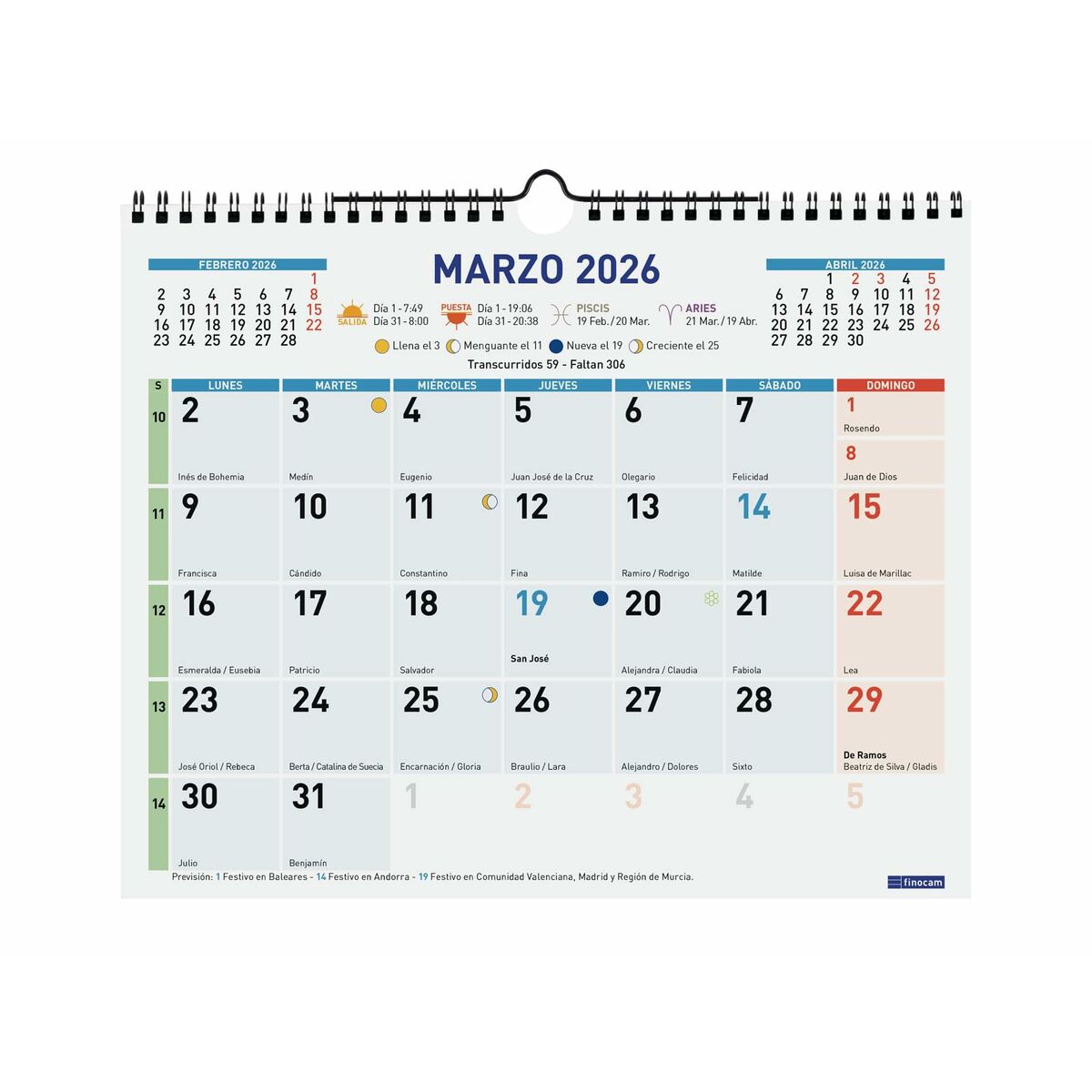 Calendario de pared Finocam Multicolor Papel 2026 30 x 24,7 cm