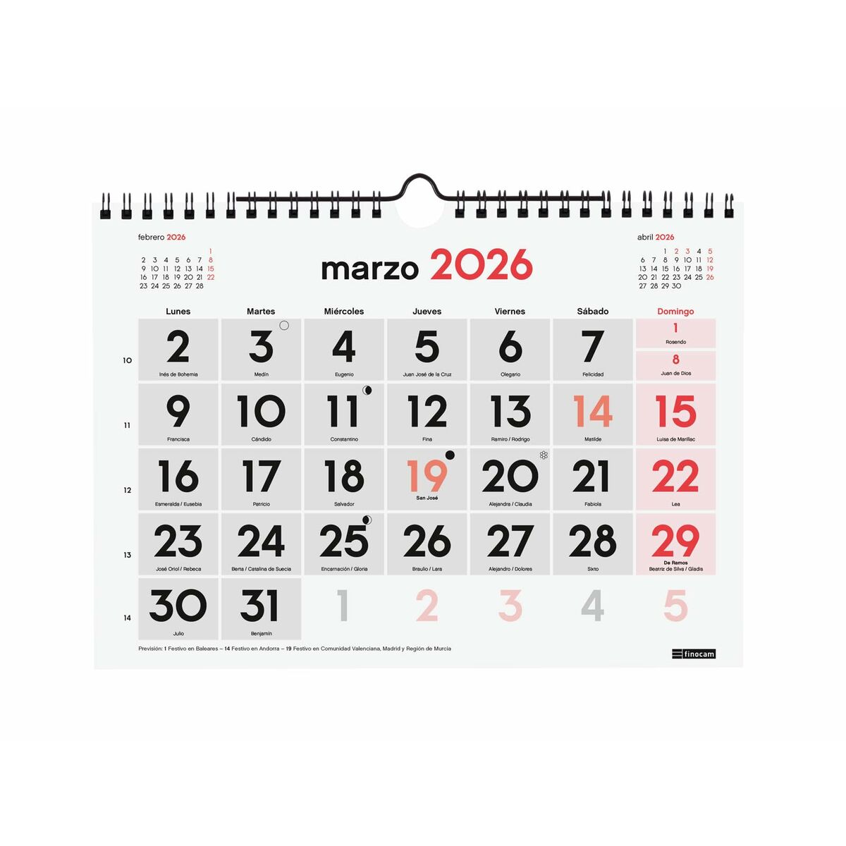 Calendario de pared Finocam A5 Papel 2026 21 x 15 cm