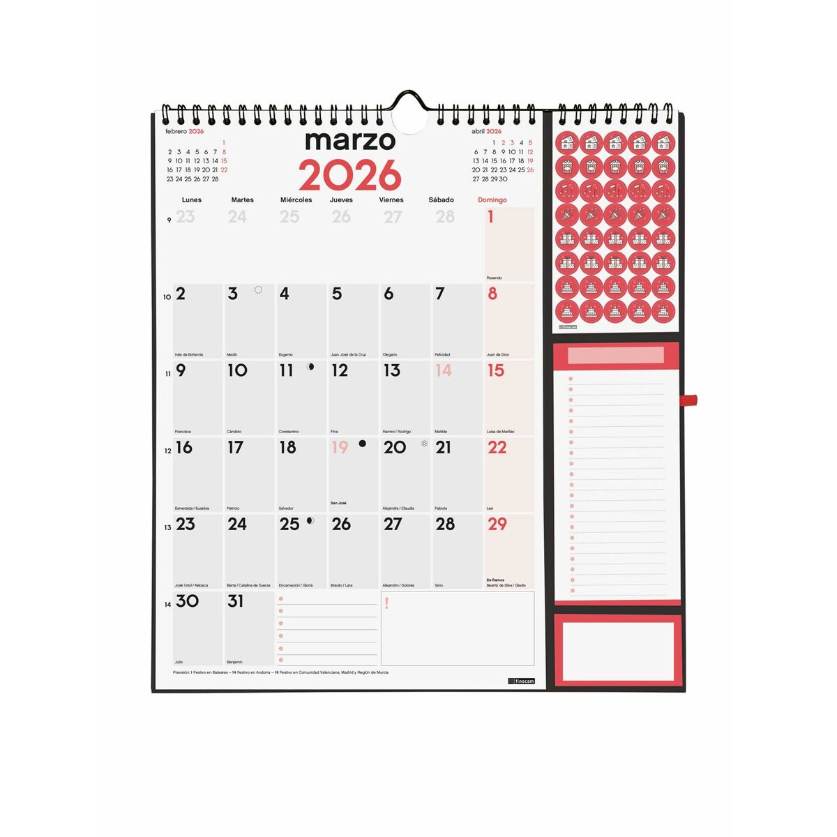 Calendario de pared Finocam Plus Papel 2026 21,5 x 32,5 cm