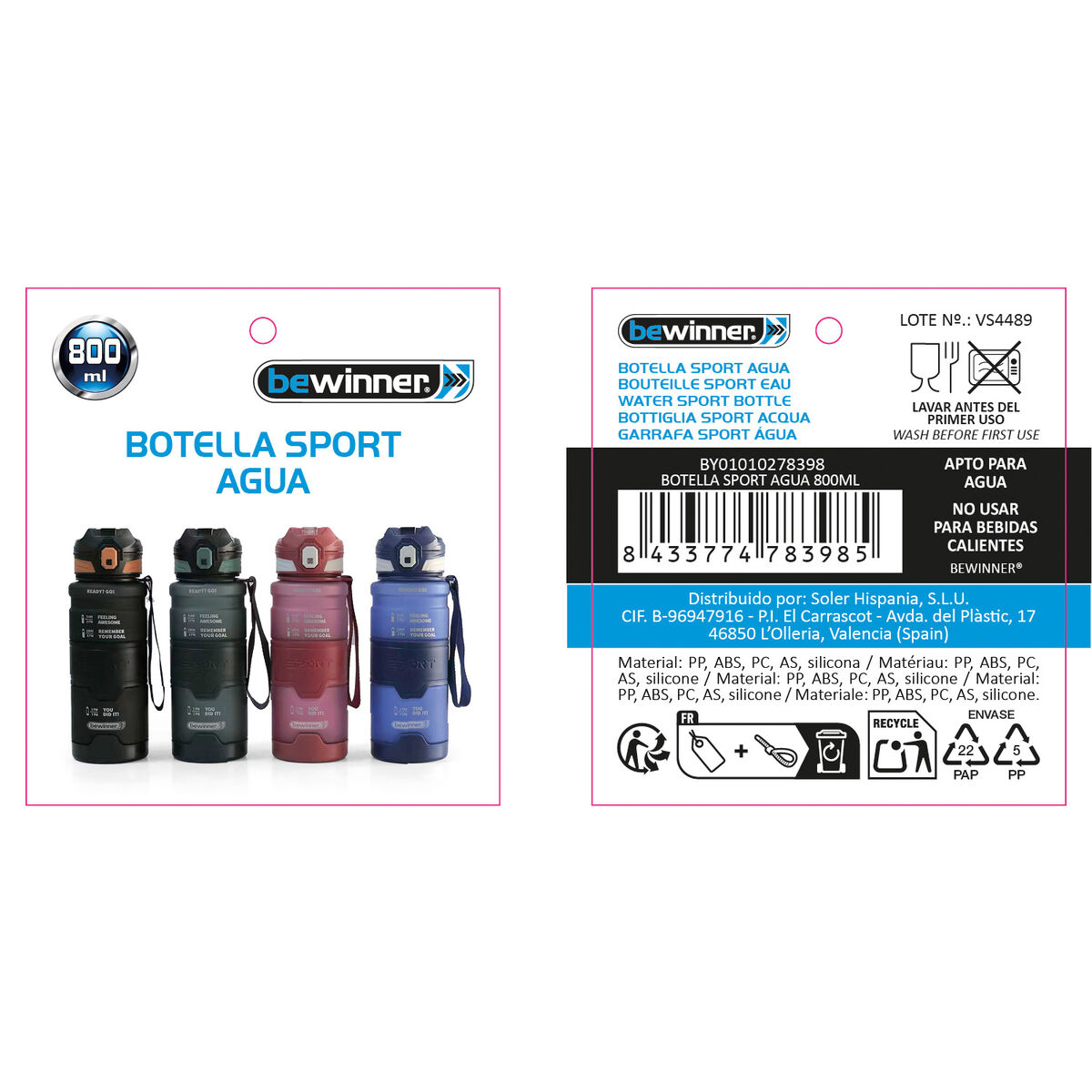 Botella de Agua Bewinner 800 ml 8 x 28,3 cm (12 Unidades)