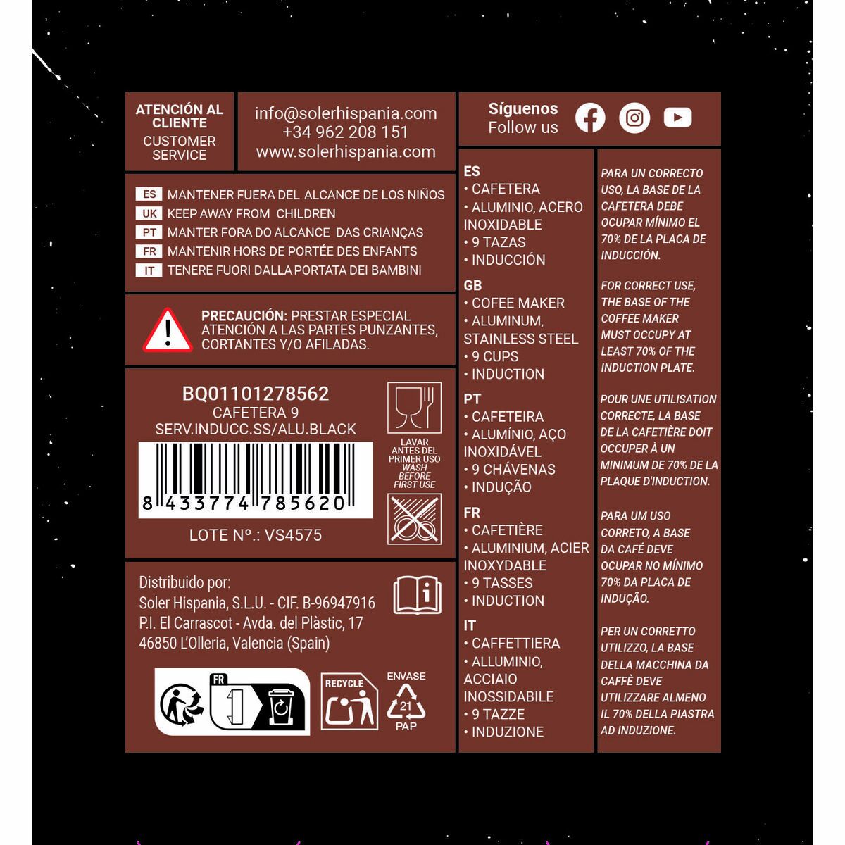 Cafetera Italiana Quttin Negro 0,45 L (6 Unidades)